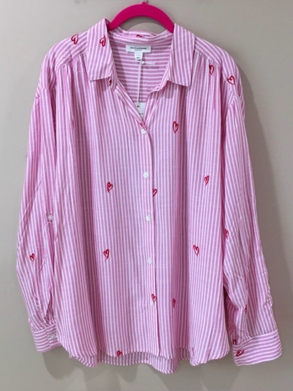 beachlunchlounge Pink Striped Button-Down Shirt with Red Heart Embroidery